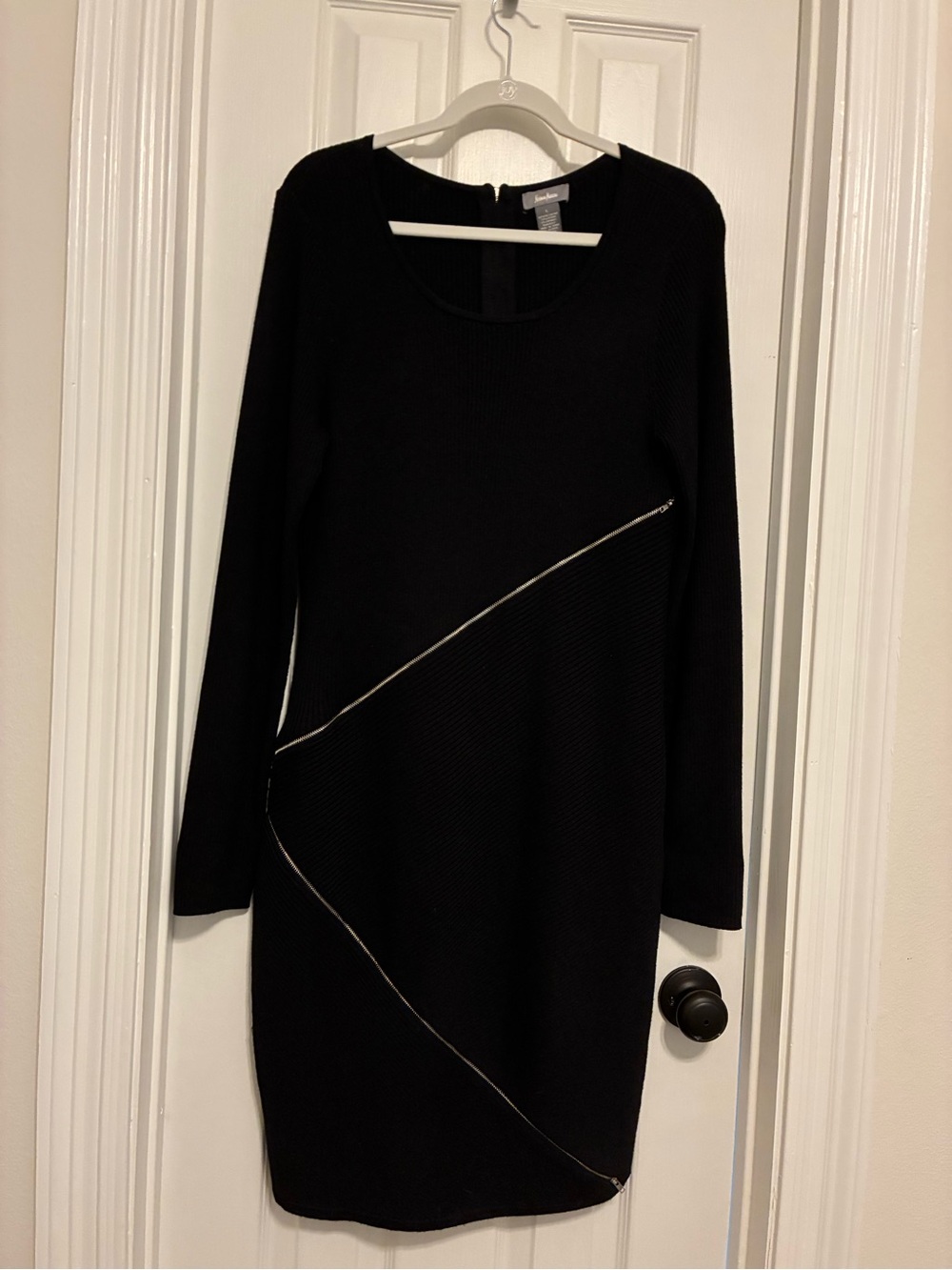 Neiman Marcus Black Long-Sleeve Knit Dress with Diagonal Silver Zipper Detail